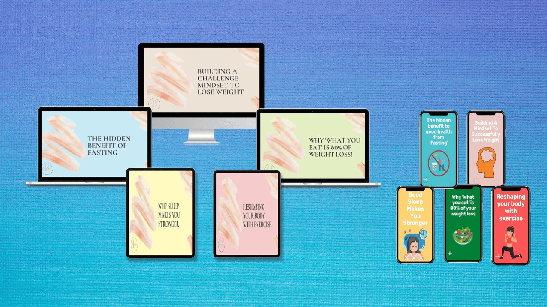 Building a Mindset to Lose Weight — course modules shown on laptops, tablets and phones